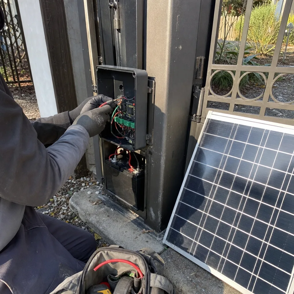 Technician performing maintenance on a solar-powered automatic gate access control system