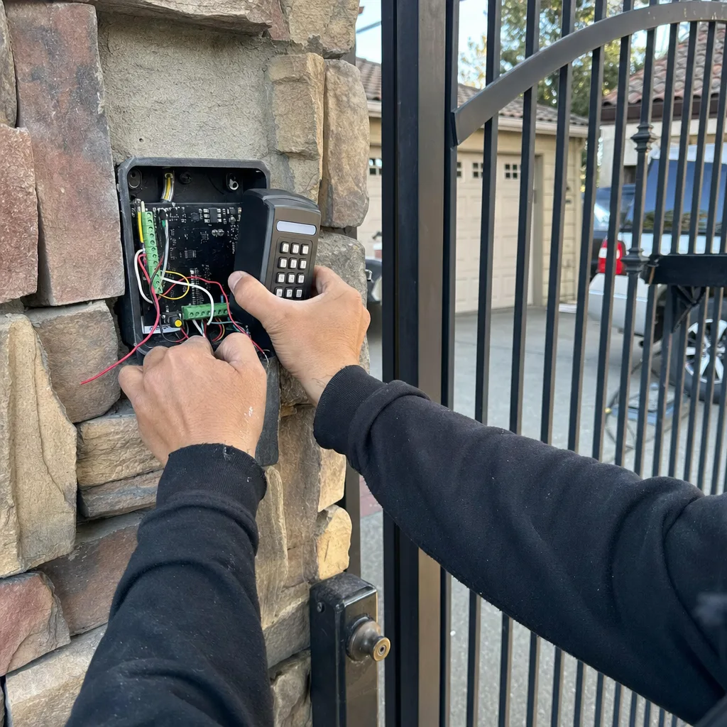 Technician installing an electronic gate access control keypad