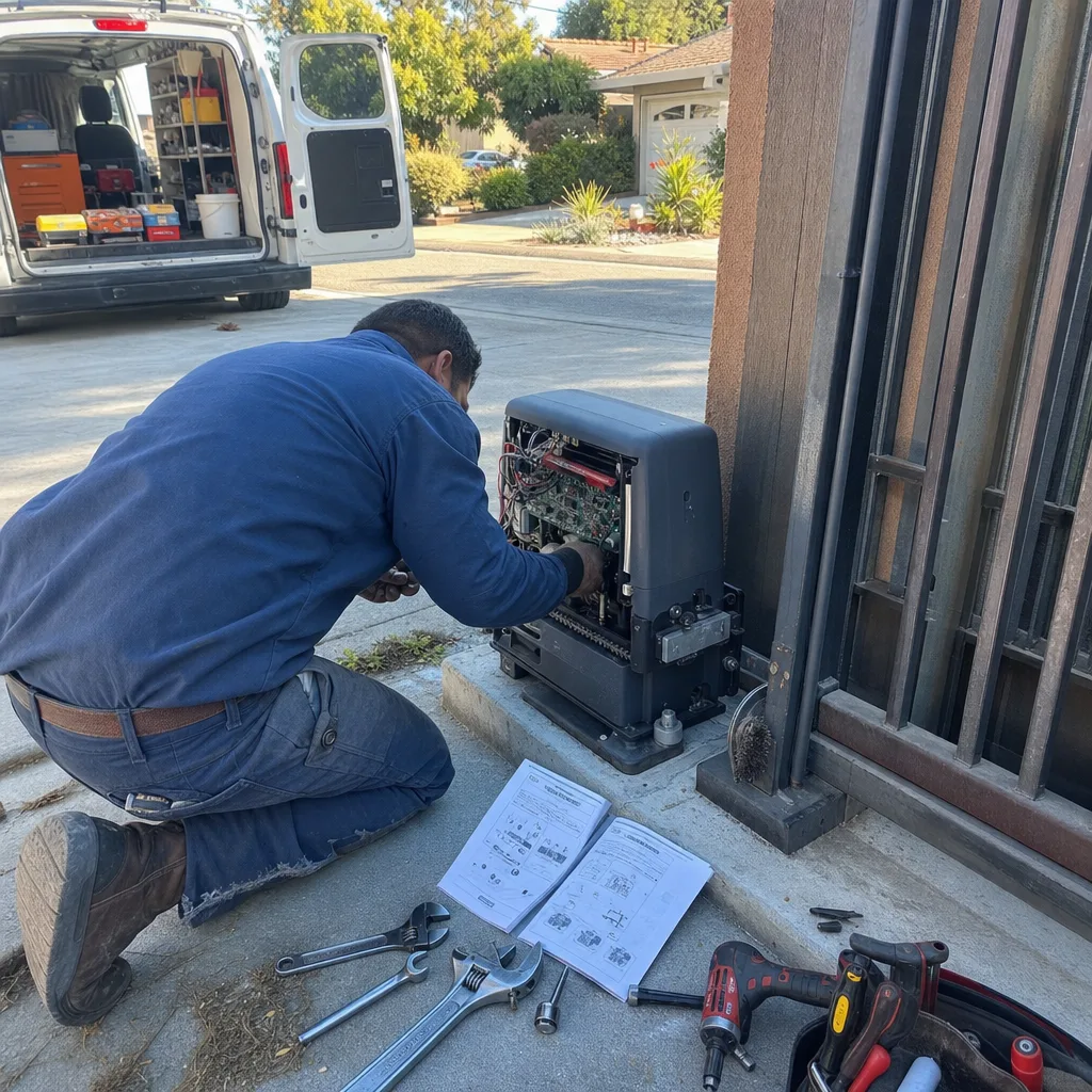 Technician repairing an automatic gate motor with professional tools.